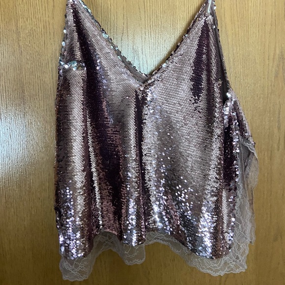 Free People Rose Gold sequin tank with lace trim - Picture 2 of 5